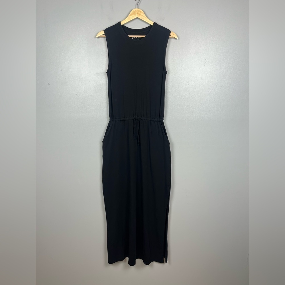 Pact black organic cotton elastane blend drawstring elastic waist dress, small.